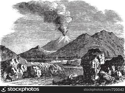 Hecla or Hekla a volcanic mountain of Iceland vintage engraving. Old engraved illustration of Hecla a volcanic mountain, 1800s.