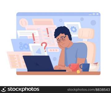 Hectic software engineer job 2D vector isolated illustration. Overloaded with work male freelancer flat character on cartoon background. Colorful editable scene for mobile, website, presentation. Hectic software engineer job 2D vector isolated illustration