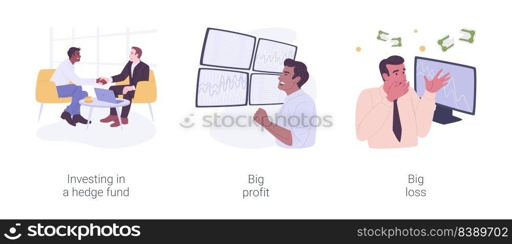 Hedge fund isolated cartoon vector illustrations set. Investing in hedge fund, businessman talking investment advisor, happy trader get a big income, money loss on stock market vector cartoon.. Hedge fund isolated cartoon vector illustrations set.
