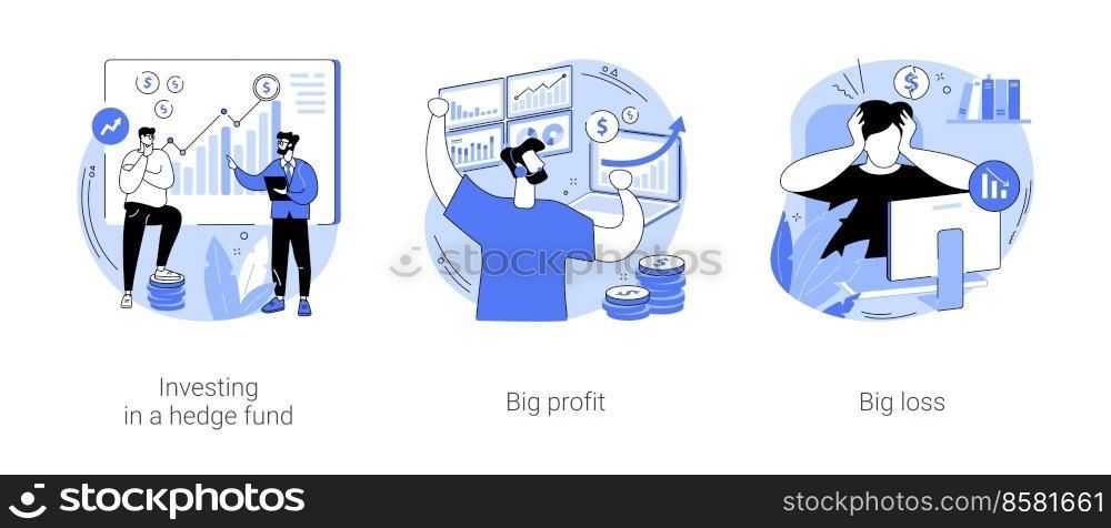 Hedge fund isolated cartoon vector illustrations set. Investing in hedge fund, businessman talking investment advisor, happy trader get a big income, money loss on stock market vector cartoon.. Hedge fund isolated cartoon vector illustrations se