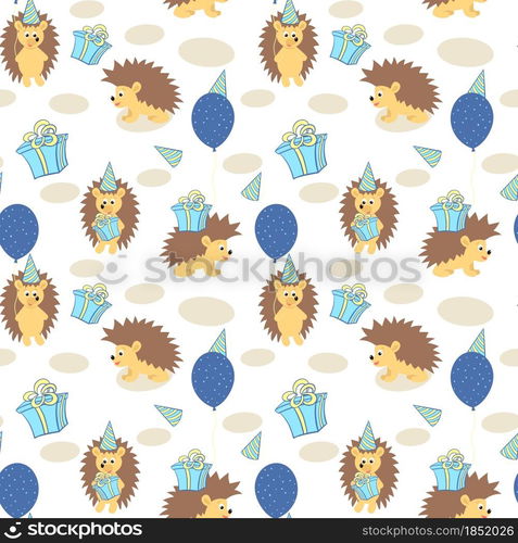 Hedgehog and birthday seamless pattern. Vector illustration of animals with balloon kopak and gifts. Pattern for wallpaper, packaging, nursery and fabric.. Hedgehog and birthday seamless pattern. Vector