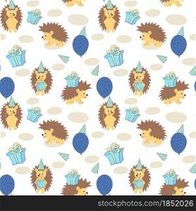 Hedgehog and birthday seamless pattern. Vector illustration of animals with balloon kopak and gifts. Pattern for wallpaper, packaging, nursery and fabric.. Hedgehog and birthday seamless pattern. Vector
