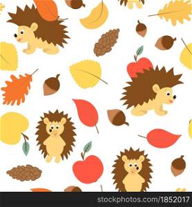 Hedgehog apple leaf and acorn seamless autumn pattern. Vector illustration of fall background. Pattern with animals and autumn elements. Colorful template for wallpaper and packaging.. Hedgehog apple leaf and acorn seamless autumn pattern.