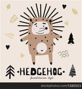 Hedgehog cute funny character. Childish vector illustration in scandinavian style. Hedgehog cute funny character. Childish vector illustration in scandinavian style flat design. Vector illusttration isolated concept for children print poster banner