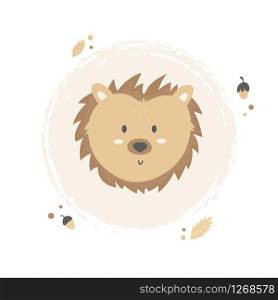 Hedgehog hand drawn face. Vector character for prints, invitations, baby shower cards, apparel. Hedgehog hand drawn face. Vector character.