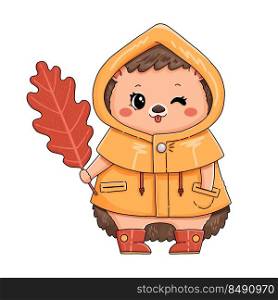 Hedgehog in yellow raincoat with red autumn leaf in red boots vector illustration