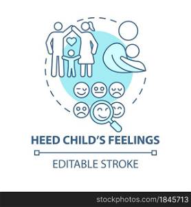 Heed child feelings blue concept icon. Pay attention to kid emotions abstract idea thin line illustration. Child mental health and socialization. Vector isolated outline color drawing. Editable stroke. Heed child feelings blue concept icon