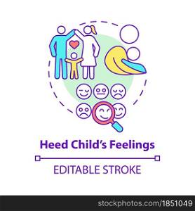 Heed child feelings concept icon. Pay attention to kid emotions abstract idea thin line illustration. Child mental health and socialization. Vector isolated outline color drawing. Editable stroke. Heed child feelings concept icon