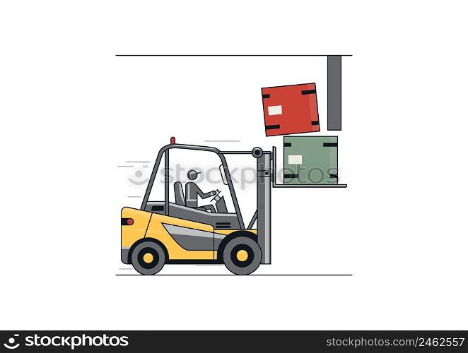 Height collision. Flat line vector design of forklift with operator and load.