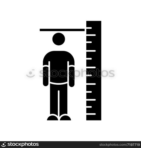 Height measurement black glyph icon. Human body size determination. Tailoring parameters, body growth silhouette symbol on white space. Person standing near huge ruler vector isolated illustration