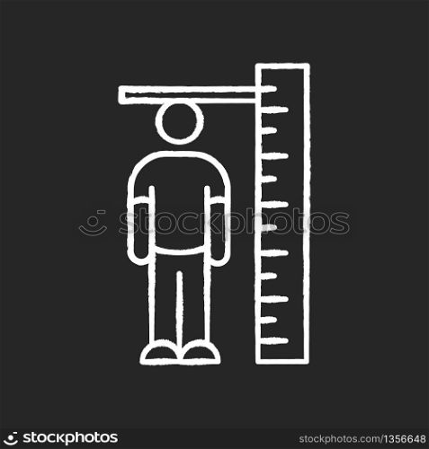 Height measurement chalk white icon on black background. Human body size determination. Tailoring parameters, body growth. Person standing near huge ruler isolated vector chalkboard illustration