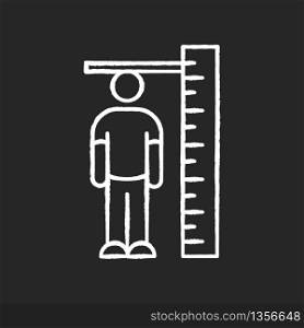 Height measurement chalk white icon on black background. Human body size determination. Tailoring parameters, body growth. Person standing near huge ruler isolated vector chalkboard illustration