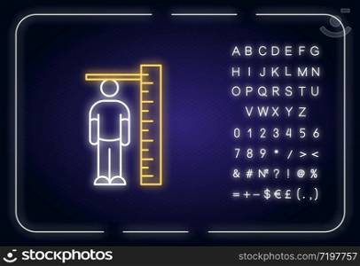 Height measurement neon light icon. Outer glowing effect. Human body size determination. Tailoring parameters, growth sign with alphabet, numbers and symbols. Vector isolated RGB color illustration