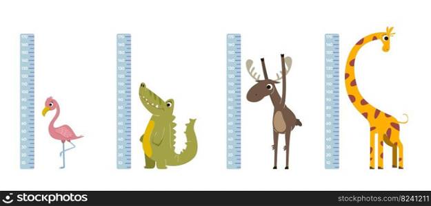 Height rulers with comic animals vector illustrations set. Wall stickers for measuring height of children with cute giraffe, crocodile cartoon characters, growth meter. Measurement, childhood concept