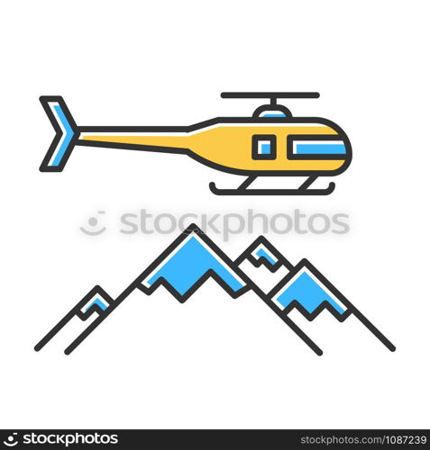 Heli skiing color icon. Winter extreme sport, risky activity and adventure. Cold season outdoor leisure. Heliskiing. Flying helicopter and mountains peaks. Isolated vector illustration