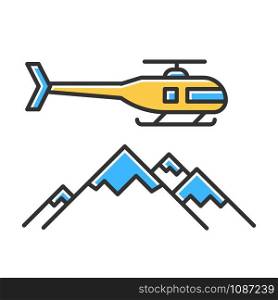 Heli skiing color icon. Winter extreme sport, risky activity and adventure. Cold season outdoor leisure. Heliskiing. Flying helicopter and mountains peaks. Isolated vector illustration