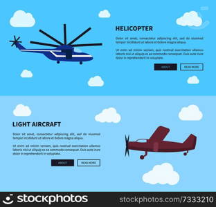 Helicopter and light aircraft set of banners with inscription. Vector illustration of plane and type of rotorcraft against sky background with clouds. Helicopter and Light Aircraft Set of Banners