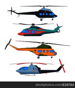Helicopter Aviation. Helicopters cartoon. Avia transportation isolated on white. Vector transportation with propeller, airscrew flight illustration. Helicopter Aviation. Helicopters cartoon. Avia transportation isolated on white