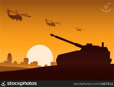 helicopter fly over tank still on desert to attack enemy,silhouette design,vector illustration