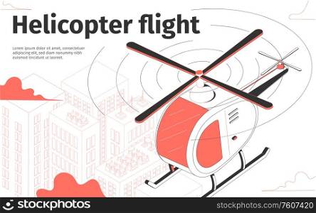 Helicopter flying above houses 3d isometric vector illustration