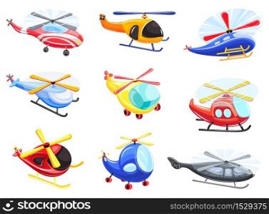 Helicopter icons set. Cartoon set of helicopter vector icons for web design. Helicopter icons set, cartoon style