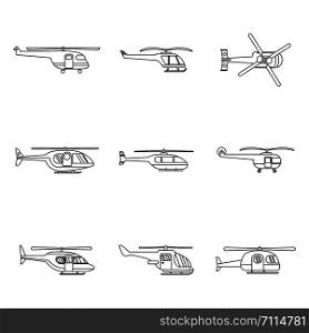 Helicopter military aircraft chopper icons set. Outline illustration of 9 helicopter military aircraft chopper vector icons for web. Helicopter military icons set, outline style