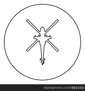 Helicopter top view Battle helicopter icon in circle round outline black color vector illustration flat style simple image. Helicopter top view Battle helicopter icon in circle round outline black color vector illustration flat style image