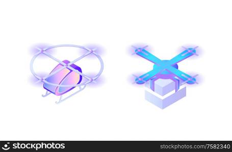 Helicopters isolated icons set, transport isometric 3d vector. Transportation modern city innovative delivery service and vehicles. Modern town flights. Helicopters Isolated Icons Set, Transport Isometric