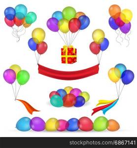 Helium balloons and birthday decoration icons. Helium inflatable balloons, ribbon and flying gift box for celebration party decorations isolated on white. Vector birthday decoration items