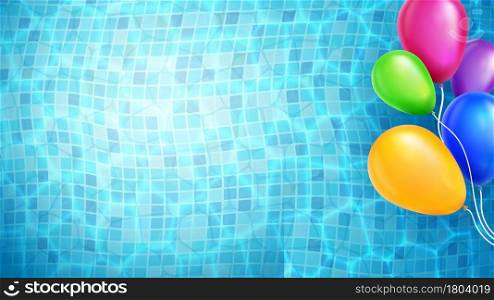 Helium Balloons Floating In Swimming Pool Vector. Celebration Inflatable Multicolored Accessory Float On Pool Water Surface. Summer Birthday Celebration Party Template Realistic 3d Illustration. Helium Balloons Floating In Swimming Pool Vector