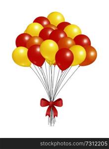 Helium flying elements decorated by red bow, balloons big bundle for party decorations, birthdays and anniversaries, balloon of orange yellow red color. Helium Flying Elements Decorated Red Bow, Balloons