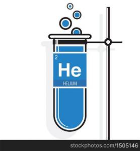 Helium symbol on label in a blue test tube with holder. Element number 2 of the Periodic Table of the Elements - Chemistry