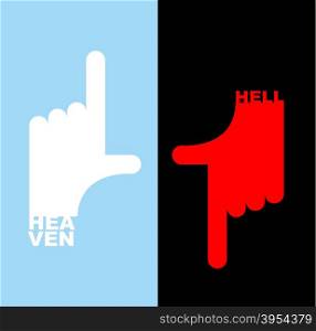 Hell and heavene. Direction signs. Gesture hands up finger, thumb down. Vector illustration