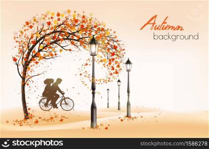 Hello a gold autumn. Autumn landscape with autumn colorful leaves on the tree and bike with silhouette in a park on a background. Vector illustration