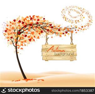 Hello a gold autumn. Autumn landscape with colorful leaves on the tree and wooden sign. Vector illustration.