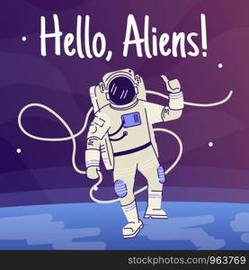 Hello aliens social media post mockup. ?osmonaut on other planet. Advertising web banner design template. Social media booster, content layout. Promotion poster, print ads with flat illustrations