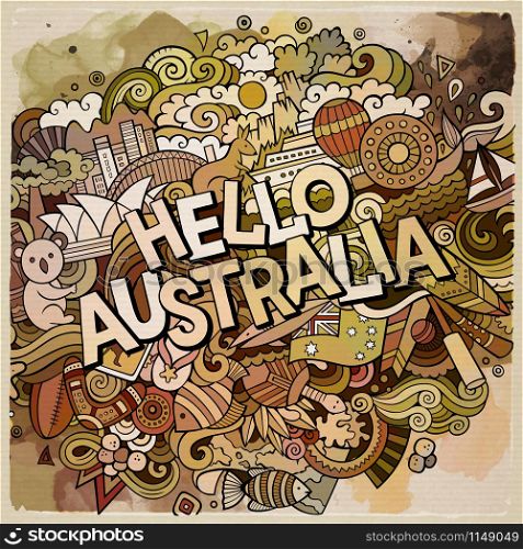 Hello Australia country hand lettering and doodles elements and symbols background. Vector hand drawn watercolor illustration. Hello Australia hand lettering and doodles elements