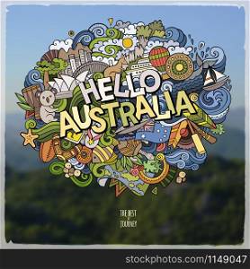 Hello Australia hand lettering and doodles elements and symbols emblem. Vector blurred background. Hello Australia hand lettering and doodles elements and symbols emblem