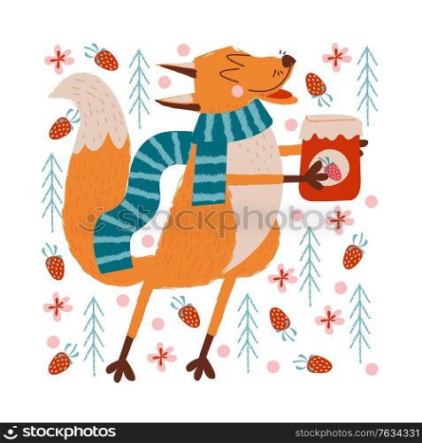 Hello, autumn. A funny red Fox in a warm striped scarf carries a jar of strawberry jam in the forest. Vector illustration.. Autumn picture. Cute Fox with a jar of strawberry jam.
