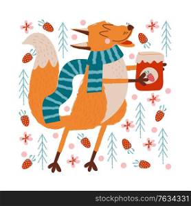 Hello, autumn. A funny red Fox in a warm striped scarf carries a jar of strawberry jam in the forest. Vector illustration.. Autumn picture. Cute Fox with a jar of strawberry jam.