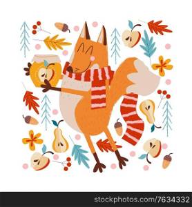 Hello, autumn. A funny red Fox in a warm striped scarf carries a jar of apple jam in the forest. Vector illustration.. Autumn picture. Cute Fox with a jar of apple jam.