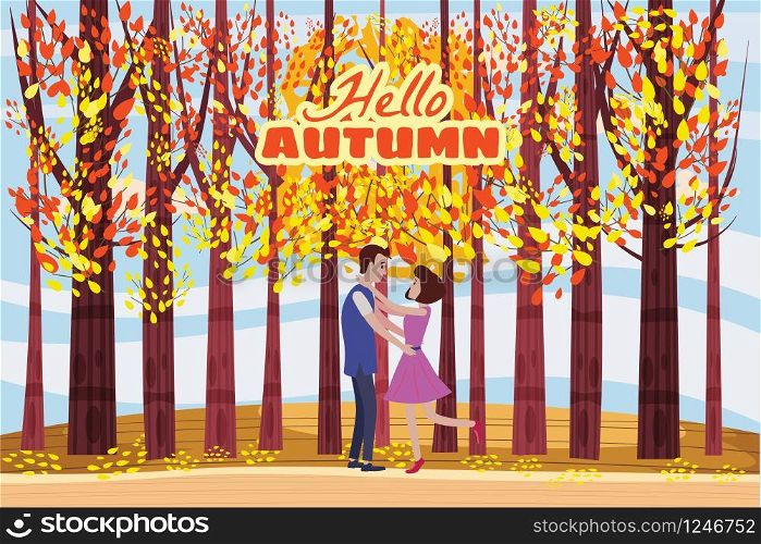Hello autumn, Autumn alley, couple guy and girl characters meeting in the park, fall, autumn leaves. Hello autumn, Autumn alley, couple guy and girl characters meeting in the park, fall, autumn leaves, mood, color, vector, illustration, cartoon style, isolated