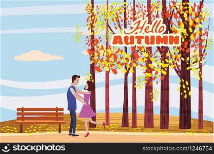 Hello autumn, Autumn alley, couple guy and girl characters met the path in the park, fall, autumn leaves, mood, lettering. Hello autumn, Autumn alley, couple guy and girl characters met the path in the park, fall, autumn leaves, mood, lettering, color, vector, illustration, cartoon style, isolated