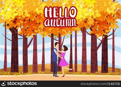 Hello autumn, Autumn alley, couple guy and girl characters met the path in the park, fall, autumn leaves, mood, lettering. Hello autumn, Autumn alley, couple guy and girl characters met the path in the park, fall, autumn leaves, mood, lettering, color, vector, illustration, cartoon style, isolated