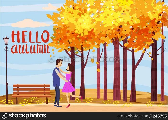 Hello autumn, Autumn alley, couple guy and girl characters walking along the path in the park, fall, autumn leaves, mood, lettering. Hello autumn, Autumn alley, couple guy and girl characters walking along the path in the park, fall, autumn leaves, mood, lettering, color, vector, illustration, cartoon style, isolated