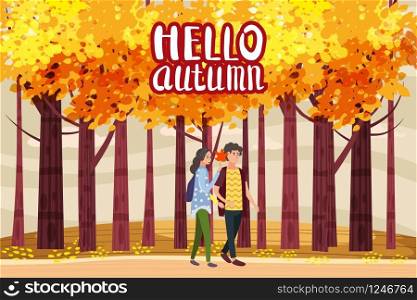 Hello autumn, Autumn alley, couple guy and girl characters walking along the path in the park, fall, autumn leaves. Hello autumn, Autumn alley, couple guy and girl characters walking along the path in the park, fall, autumn leaves, mood, color, vector, illustration, cartoon style, isolated
