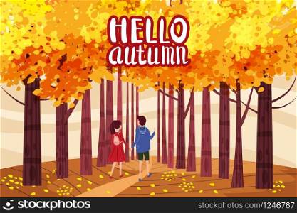 Hello autumn, Autumn alley, couple guy and girl characters walking along the path in the park, fall, autumn leaves. Hello autumn, Autumn alley, couple guy and girl characters walking along the path in the park, fall, autumn leaves, mood, color, vector, illustration, cartoon style, isolated