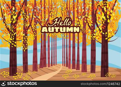 Hello autumn, Autumn alley, path in the park, fall, autumn leaves mood. Hello autumn, Autumn alley, path in the park, fall, autumn leaves, mood, color, vector, illustration, cartoon style, isolated