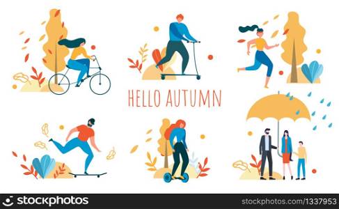 Hello Autumn Background. Cartoon People Outdoors Activity Vector Illustration. Man and Woman Cycling, Running, Ride Bicycle, Skateboad, Scooter, Hoverboard. Family Walk Rain Umbrella Nature Recreation. Hello Autumn Cartoon People Outdoors Activity