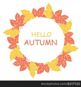 Hello Autumn banner red yellow Leaves round banner on white